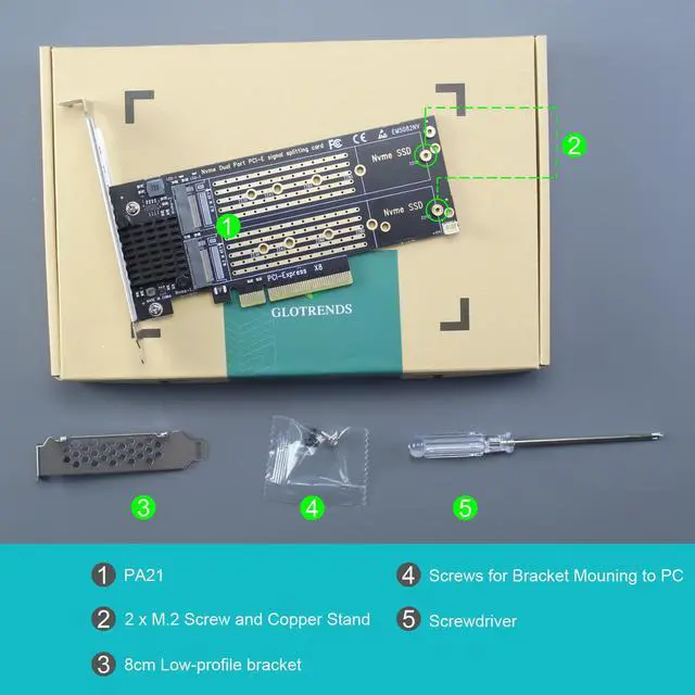 Alt view image 7 of 7 - GLOTRENDS PA21 Dual M.2 NVMe to PCIe X8 4.0 Adapter Card without PCIe Bifurcation Function, Support 22110/2280/2260/2242/2230 Size
