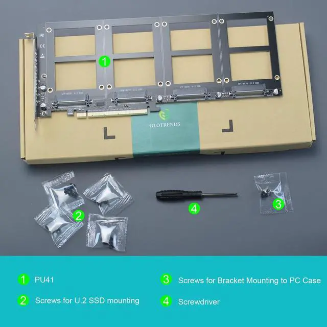 Alt view image 7 of 7 - GLOTRENDS PU41 Quad U.2 SSD to PCIe 4.0 X16 Adapter Without PCIe Bifurcation Function (PCIe Bifurcation Motherboard is Required)