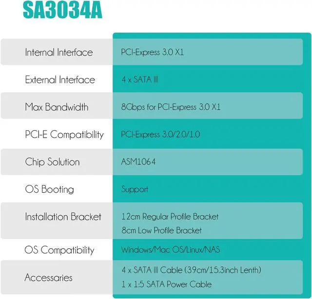 Alt view image 5 of 7 - GLOTRENDS SA3034A 4 Ports PCIe SATA 3.0 Expansion Card, Including SATA Cables and 1:5 SATA Splitter Power Cable, Support OS Booting, Compatible with Windows,Linux,Mac OS,NAS