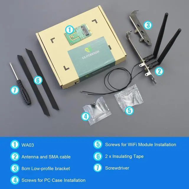 Alt view image 7 of 7 - GLOTRENDS WA03 M.2 Key E to Mini PCIe WiFi Adapter for M.2 WiFi 4/5/6/6e/7 Module, with 3.5-dBi SMA Antenna Kits