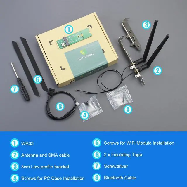 Alt view image 7 of 7 - GLOTRENDS WA04 M.2 Key E to Key M WiFi Adapter for M.2 WiFi 4/5/6/6e/7 Module, with 3.5-dBi SMA Antenna Kits