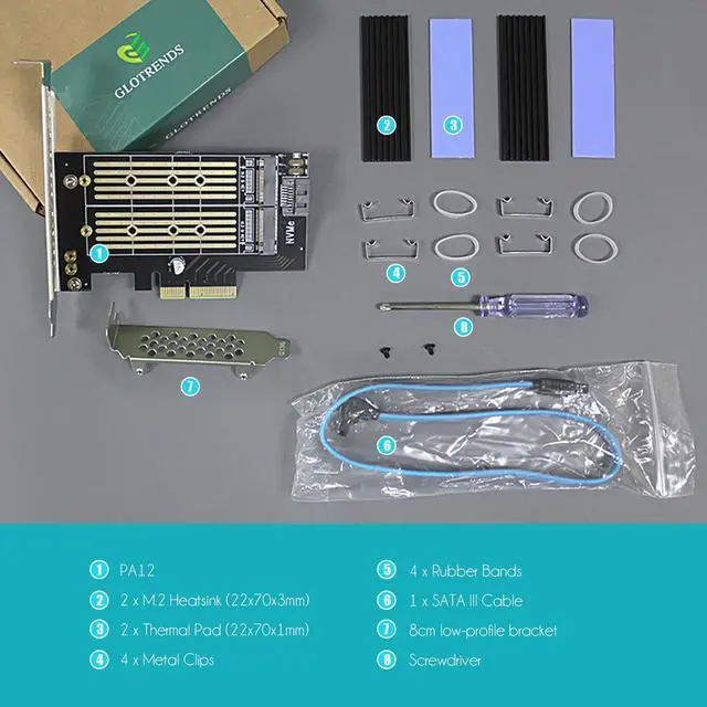 Alt view image 7 of 7 - GLOTRENDS PA12-HS 2-in-1 M.2 PCIe 4.0 X4 Adapter with M.2 Heatsink, For One M.2 NVMe SSD and One M.2 SATA SSD, Support 2230/2242/2260/2280 Size