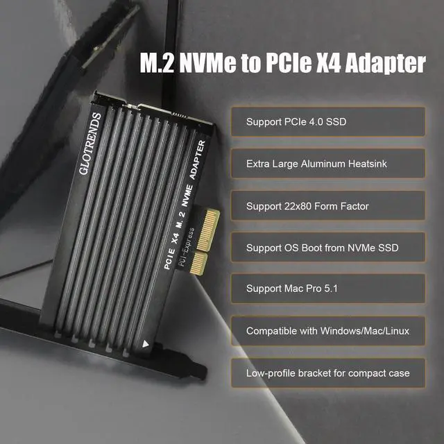 Alt view image 2 of 7 - GLOTRENDS PA15 M.2 NVMe to PCIe 4.0 X4 Adapter for M.2 NVMe SSD, Extra Large Aluminum Heatsink, Regular and Low-Profile Bracket (Black)