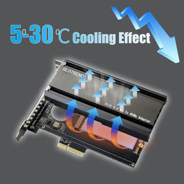 Alt view image 4 of 7 - GLOTRENDS PA18 M.2 NVMe to PCIe 5.0 X4 Adapter for M.2 NVMe SSD, Extra Large Aluminum Heatsink, Regular and Low-Profile Bracket (Black)