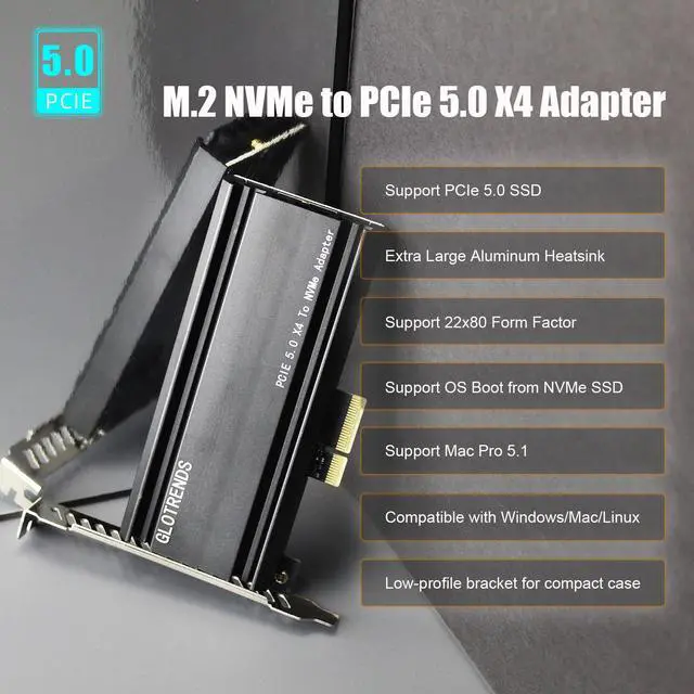 Alt view image 2 of 7 - GLOTRENDS PA18 M.2 NVMe to PCIe 5.0 X4 Adapter for M.2 NVMe SSD, Extra Large Aluminum Heatsink, Regular and Low-Profile Bracket (Black)