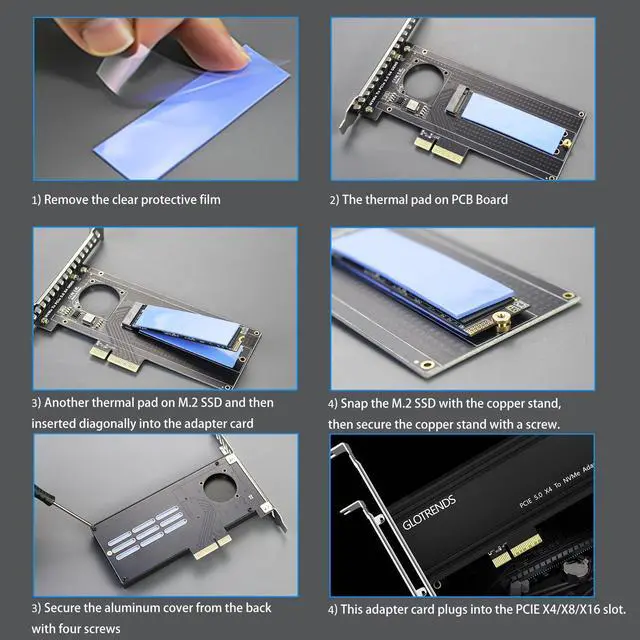 Alt view image 6 of 7 - GLOTRENDS PA18 M.2 NVMe to PCIe 5.0 X4 Adapter for M.2 NVMe SSD, Extra Large Aluminum Heatsink, Regular and Low-Profile Bracket (Black)