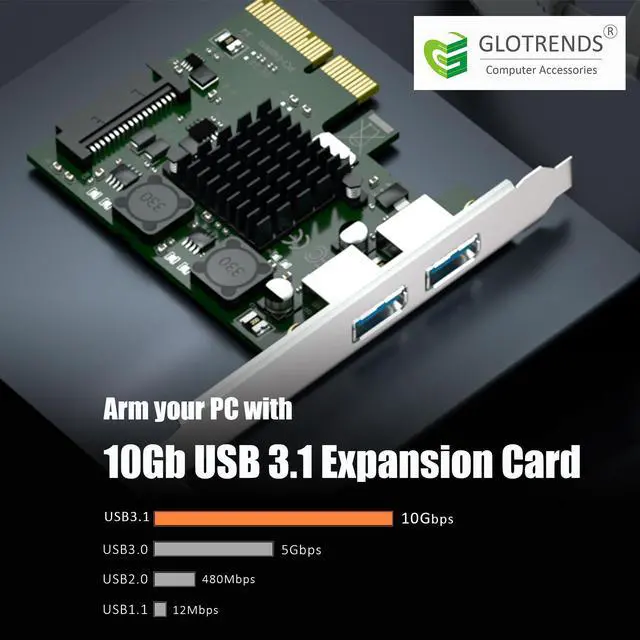Alt view image 5 of 7 - GLOTRENDS U3142A 2-Port 10Gb USB 3.1 Gen2 Type-A to PCIE X4 Expansion Card with ASM 3142 Chip, Regular and Low-profible Bracket
