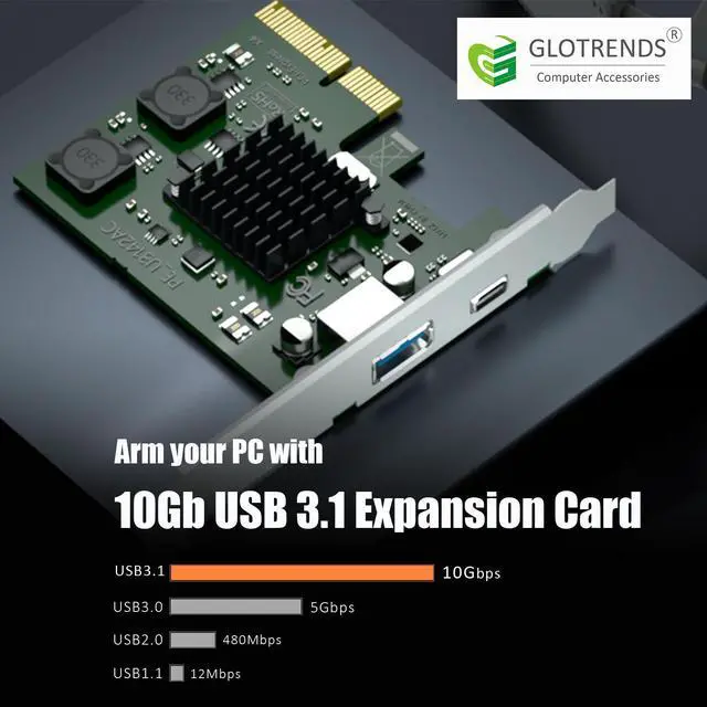 Alt view image 7 of 7 - GLOTRENDS U3142AC 2-Port 10Gb USB 3.1 Gen2 (Type-C and Type-A) to PCIE X4 Expansion Card with ASM 3142 Chip, Regular and Low-profible Bracket