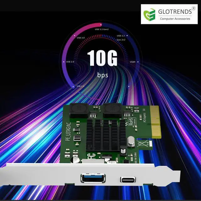 Alt view image 2 of 7 - GLOTRENDS U3142AC 2-Port 10Gb USB 3.1 Gen2 (Type-C and Type-A) to PCIE X4 Expansion Card with ASM 3142 Chip, Regular and Low-profible Bracket