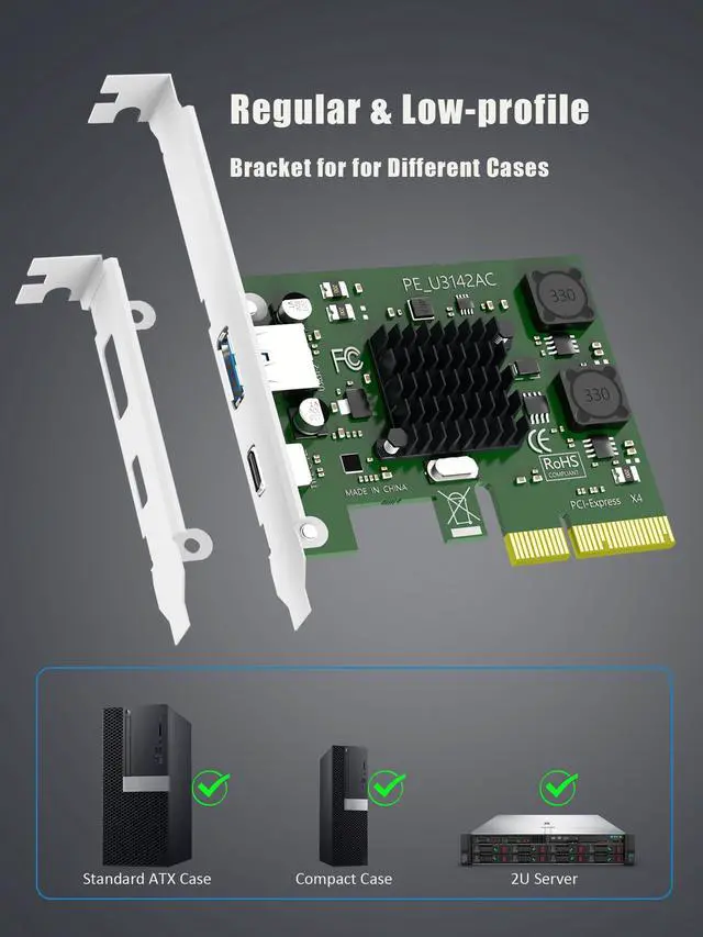 Alt view image 4 of 7 - GLOTRENDS U3142AC 2-Port 10Gb USB 3.1 Gen2 (Type-C and Type-A) to PCIE X4 Expansion Card with ASM 3142 Chip, Regular and Low-profible Bracket