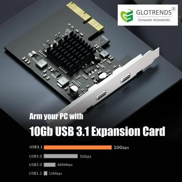 Alt view image 6 of 7 - GLOTRENDS U3142C 2-Port 10Gb USB 3.1 Gen2 Type-C to PCIE X4 Expansion Card with ASM 3142 Chip, Regular and Low-profible Bracket