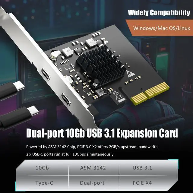 Alt view image 5 of 7 - GLOTRENDS U3142C 2-Port 10Gb USB 3.1 Gen2 Type-C to PCIE X4 Expansion Card with ASM 3142 Chip, Regular and Low-profible Bracket