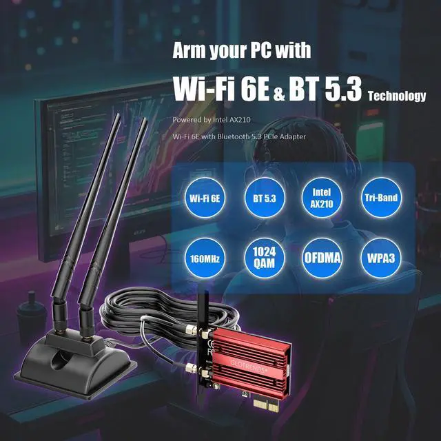 Alt view image 2 of 7 - GLOTRENDS WiFi 6E PCIe Card with 2-Meter Extension Antenna for Desktop PC, Intel AX210 Chip, 802.11ax, Bluetooth 5.3, Support Windows 11/10/Linux, Support Intel/AMD Motherboard