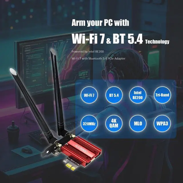 Alt view image 2 of 7 - GLOTRENDS BE8774 WiFi 7 PCIe Card for Desktop PC with Intel BE200NGW Chip, 802.11be, Bluetooth 5.4, Only Compatible with Windows 11 24H2 or Above Version (Not Support AMD Motherboard)