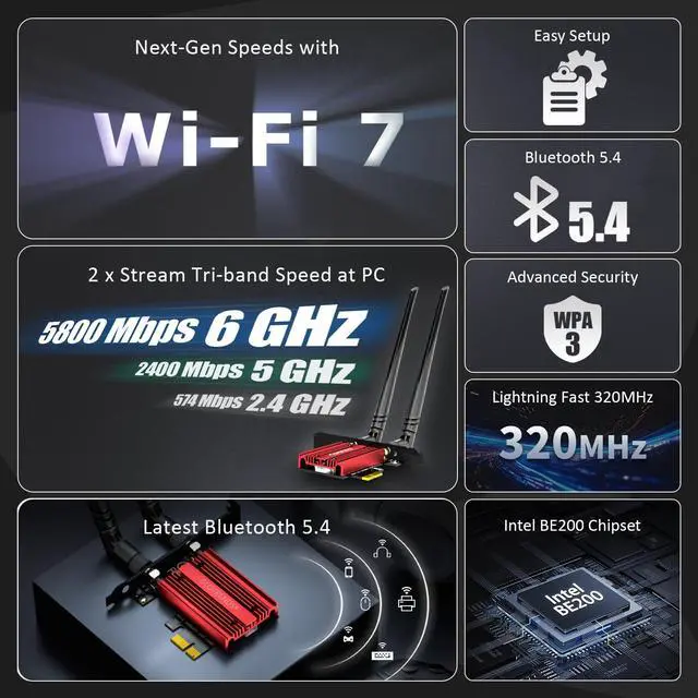 Alt view image 3 of 7 - GLOTRENDS BE8774 WiFi 7 PCIe Card for Desktop PC with Intel BE200NGW Chip, 802.11be, Bluetooth 5.4, Only Compatible with Windows 11 24H2 or Above Version (Not Support AMD Motherboard)