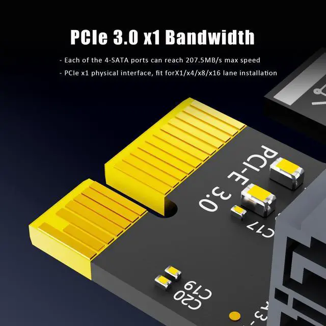 Alt view image 5 of 7 - GLOTRENDS SA3034A 4 Ports PCIe SATA 3.0 Expansion Card, Including SATA Cables and 1:5 SATA Splitter Power Cable, Support OS Booting, Compatible with Windows,Linux,Mac OS,NAS