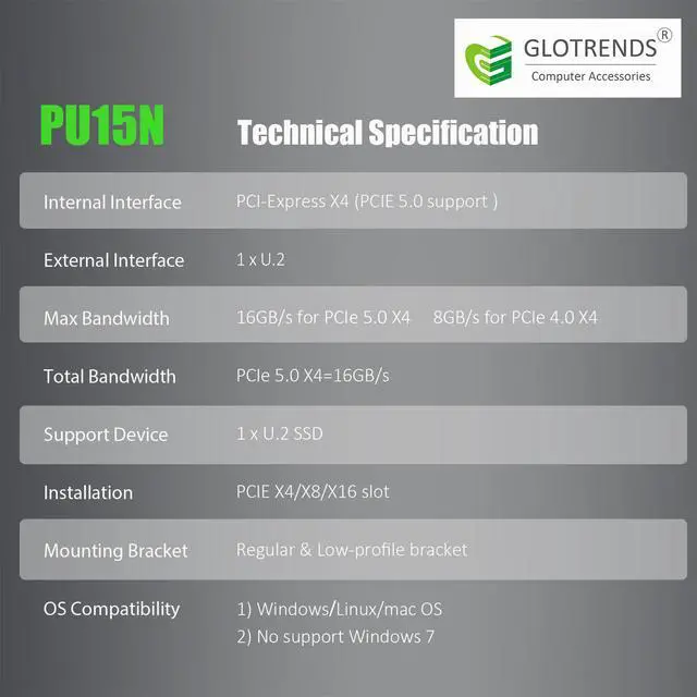 Alt view image 7 of 7 - GLOTRENDS PU15N U.2 to PCIe 5.0 X4 Adapter Card for U.2 NVMe SSD