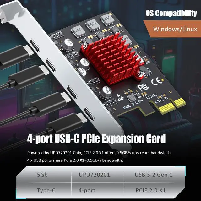 Alt view image 3 of 7 - GLOTREND U3044C 4-Port PCIe USB Expansion Card, 4 USB-C Ports (USB 3.2 Gen 1), Compatible with Windows Linux (Not for Mac OS)