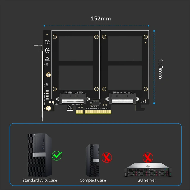 Alt view image 7 of 7 - GLOTRENDS PU21 Dual U.2 SFF-8639 SSD to PCIe 3.0 X8, Bifurcation Required