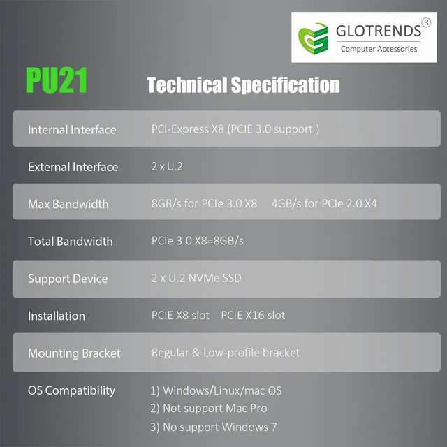 Alt view image 4 of 7 - GLOTRENDS PU21 Dual U.2 SFF-8639 SSD to PCIe 3.0 X8, Bifurcation Required