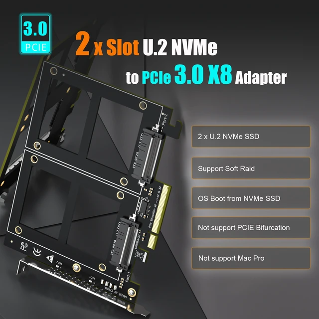 Alt view image 2 of 7 - GLOTRENDS PU21 Dual U.2 SFF-8639 SSD to PCIe 3.0 X8, Bifurcation Required