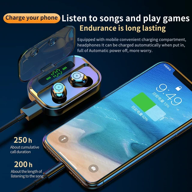 Alt view image 4 of 8 - TWS Bluetooth 5.0 Earphones M7S Wireless Headphones Stereo Gaming Headset Mini Earbuds 1500mah charging Box Black