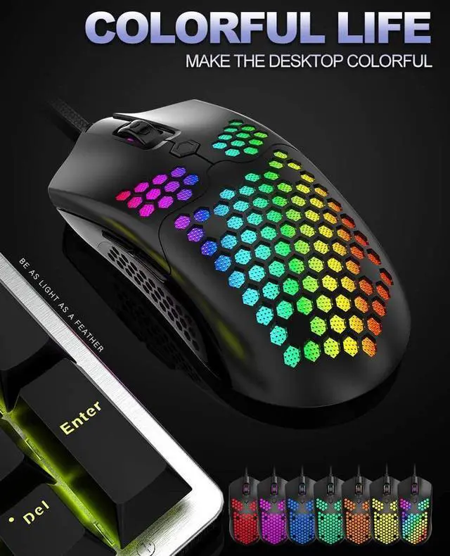 Alt view image 7 of 8 - Gaming Mouse with RGB Lamp Effect Lightweight Honeycomb Shell Ultralight Ultraweave Cable Pixart 3325 12000 DPI Optical Sensor for PC Gaming