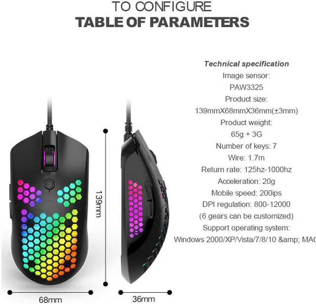 Alt view image 4 of 8 - Gaming Mouse with RGB Lamp Effect Lightweight Honeycomb Shell Ultralight Ultraweave Cable Pixart 3325 12000 DPI Optical Sensor for PC Gaming