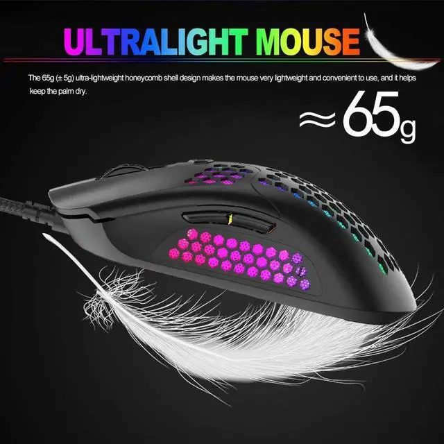 Alt view image 5 of 8 - Gaming Mouse with RGB Lamp Effect Lightweight Honeycomb Shell Ultralight Ultraweave Cable Pixart 3325 12000 DPI Optical Sensor for PC Gaming