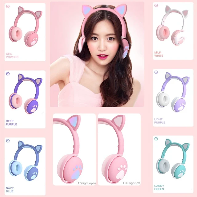 Alt view image 7 of 8 - Bluetooth 5.0 HIFI Stereo Headphones Glowing Cute Colorful LED Cat Ear Paw Girls Gift Kids Foldable Headset Wireless 3.5mm Plug with HD Microphone