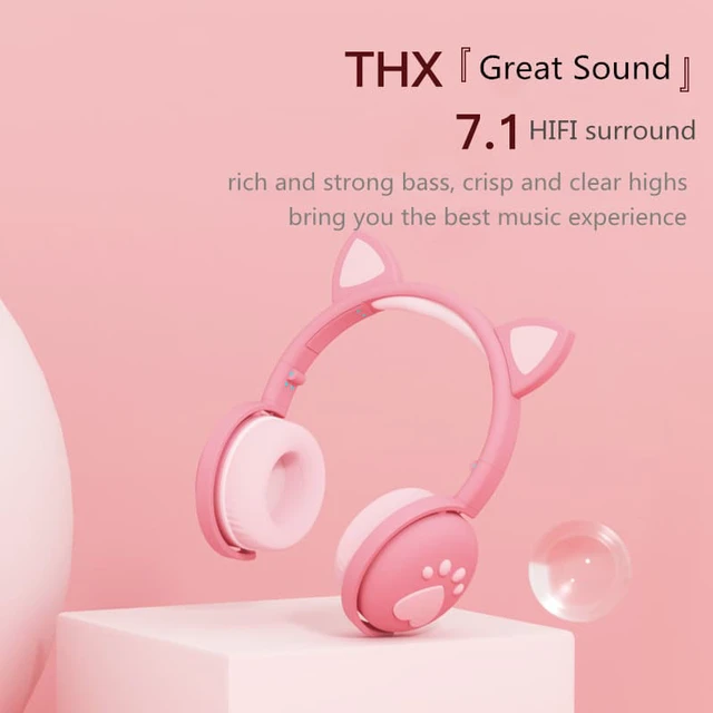 Alt view image 3 of 8 - Bluetooth 5.0 HIFI Stereo Headphones Glowing Cute Colorful LED Cat Ear Paw Girls Gift Kids Foldable Headset Wireless 3.5mm Plug with HD Microphone