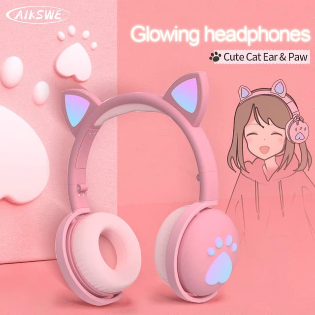 Alt view image 2 of 8 - Bluetooth 5.0 HIFI Stereo Headphones Glowing Cute Colorful LED Cat Ear Paw Girls Gift Kids Foldable Headset Wireless 3.5mm Plug with HD Microphone