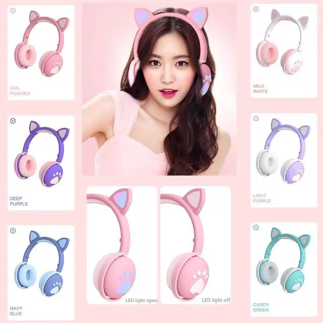 Alt view image 7 of 8 - Bluetooth 5.0 HIFI Stereo Headphones Glowing Cute Colorful LED Cat Ear Paw Girls Gift Kids Foldable Headset Wireless 3.5mm Plug with HD Microphone