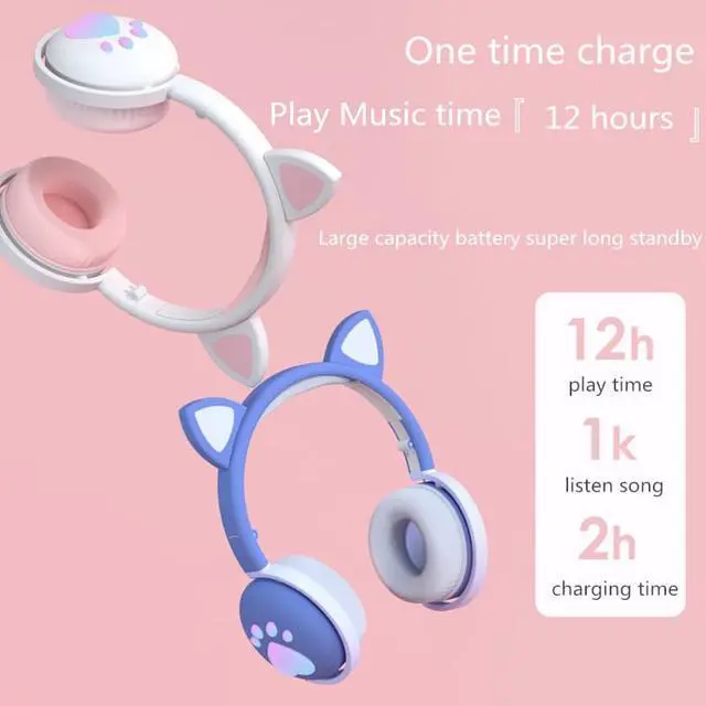 Alt view image 3 of 8 - Bluetooth 5.0 HIFI Stereo Headphones Glowing Cute Colorful LED Cat Ear Paw Girls Gift Kids Foldable Headset Wireless 3.5mm Plug with HD Microphone