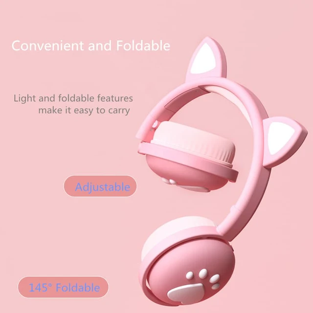 Alt view image 5 of 8 - Bluetooth 5.0 HIFI Stereo Headphones Glowing Cute Colorful LED Cat Ear Paw Girls Gift Kids Foldable Headset Wireless 3.5mm Plug with HD Microphone