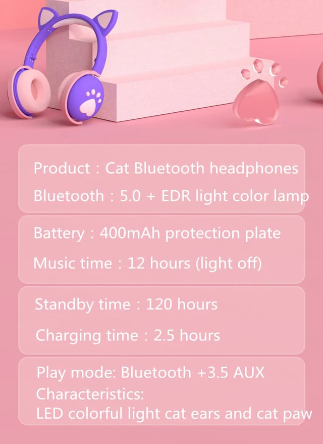 Alt view image 7 of 8 - Bluetooth 5.0 HIFI Stereo Headphones Glowing Cute Colorful LED Cat Ear Paw Girls Gift Kids Foldable Headset Wireless 3.5mm Plug with HD Microphone