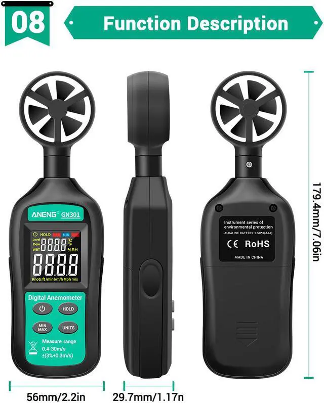 Alt view image 7 of 8 - Digital Anemometer 0-30m/s Wind Speed Meter -10 ~ 45C Temperature Tester Anemometro with LCD Backlight Display Wind Speed Tester