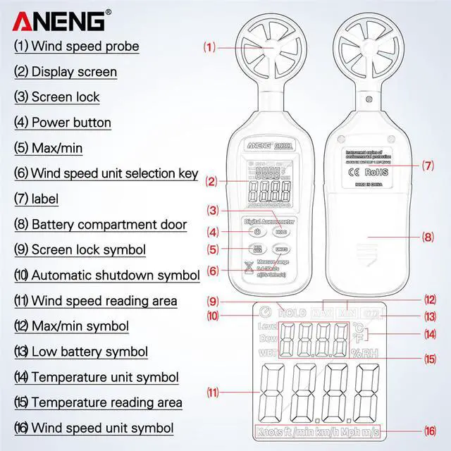 Alt view image 5 of 8 - Digital Anemometer 0-30m/s Wind Speed Meter -10 ~ 45C Temperature Tester Anemometro with LCD Backlight Display Wind Speed Tester