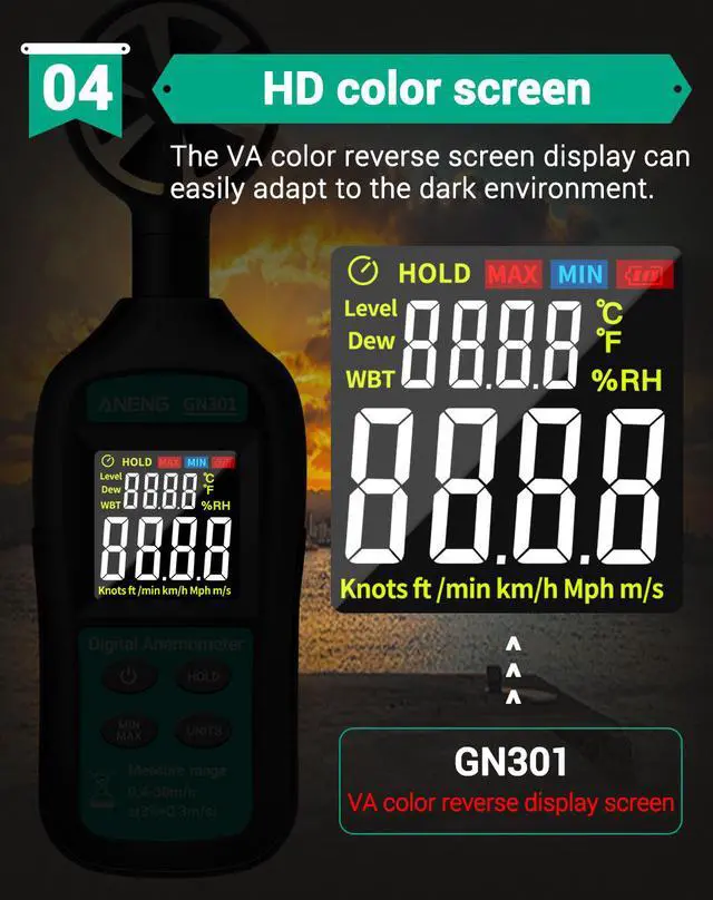 Alt view image 4 of 8 - Digital Anemometer 0-30m/s Wind Speed Meter -10 ~ 45C Temperature Tester Anemometro with LCD Backlight Display Wind Speed Tester