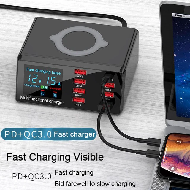 Alt view image 2 of 8 - 100W 8 Port USB Charger Hub Wireless Charger PD QC3.0 Fast Charging Station USB Charger Port