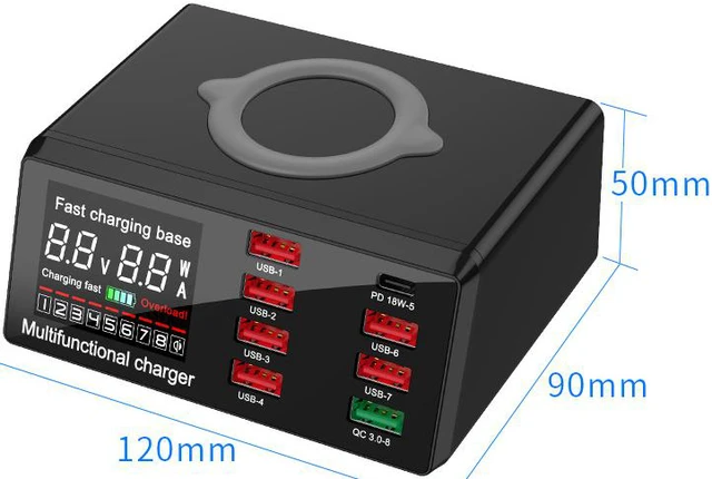 Alt view image 7 of 8 - 100W 8 Port USB Charger Hub Wireless Charger PD QC3.0 Fast Charging Station USB Charger Port