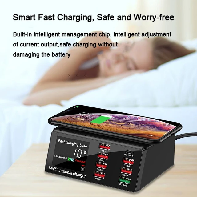 Alt view image 4 of 8 - 100W 8 Port USB Charger Hub Wireless Charger PD QC3.0 Fast Charging Station USB Charger Port