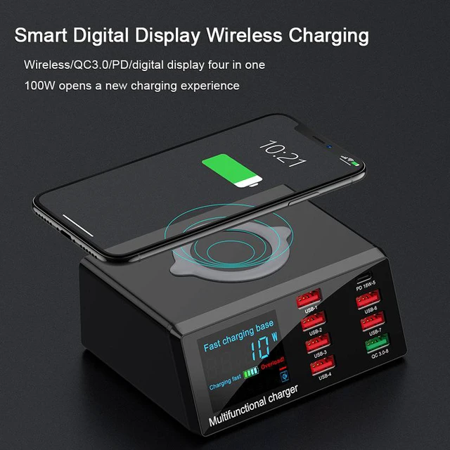 Alt view image 3 of 8 - 100W 8 Port USB Charger Hub Wireless Charger PD QC3.0 Fast Charging Station USB Charger Port