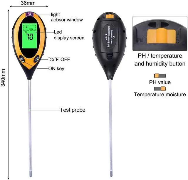 Alt view image 3 of 8 - 4 in 1 Soil PH Tester Moisture Sunlight Light Temperature Test Meter Portable Tool for Garden Plant Lawns
