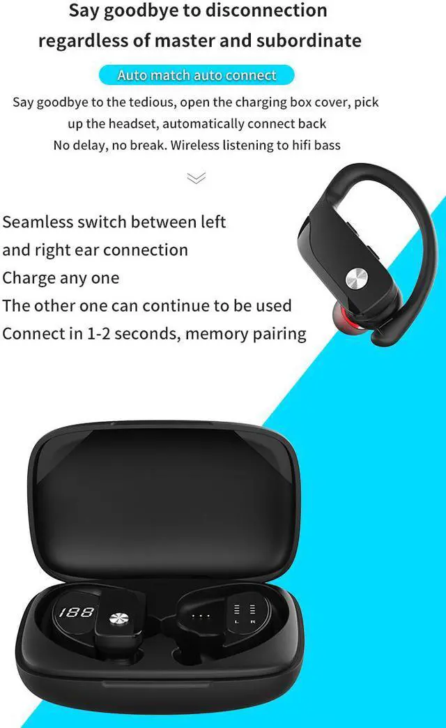 Alt view image 6 of 8 - Wireless Bluetooth 5.0 Earphones Sport Ear-hook TWS Earbuds LCD Digital Display Gaming Headphone Long Standy