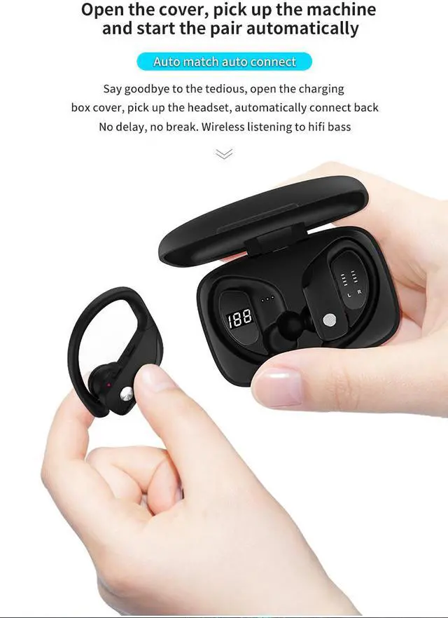 Alt view image 4 of 8 - Wireless Bluetooth 5.0 Earphones Sport Ear-hook TWS Earbuds LCD Digital Display Gaming Headphone Long Standy