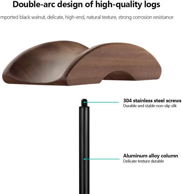 Alt view image 4 of 8 - Black Walnut Wood Aluminum Headphone Stand Nature Walnut Gaming Headset Holder with Solid Metal Base for Table Desk Display