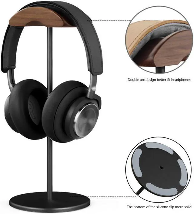 Alt view image 6 of 8 - Black Walnut Wood Aluminum Headphone Stand Nature Walnut Gaming Headset Holder with Solid Metal Base for Table Desk Display