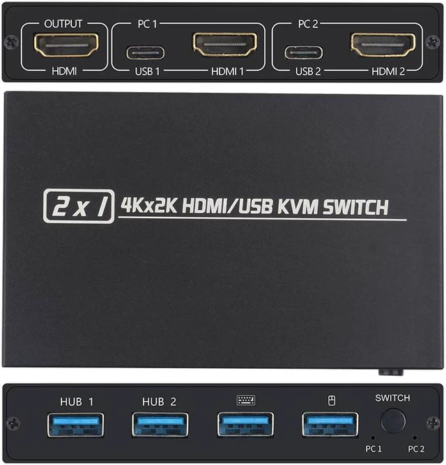 Alt view image 6 of 8 - 4K@30HZ USB HDMI KVM Switcher USB 2.0 Switch Splitter For 2 PC Sharing 4 Keyboard Mouse Printer Plug And Play