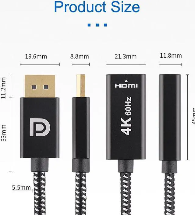 Alt view image 7 of 8 - Displayport to HDMI Adapter 4K@60Hz Gold Plated DP to HDMI 2.0 Video Display Converter for Desktop PC HDMI Connector Adapter 7.87“ Male to Female Cable